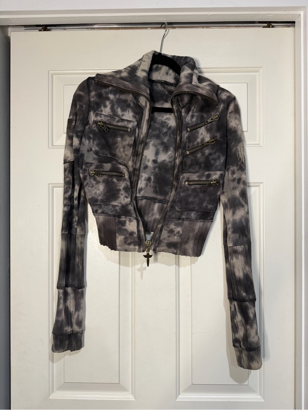 Salvage Gray Tie-Dye Cropped Bomber Jacket Vintage